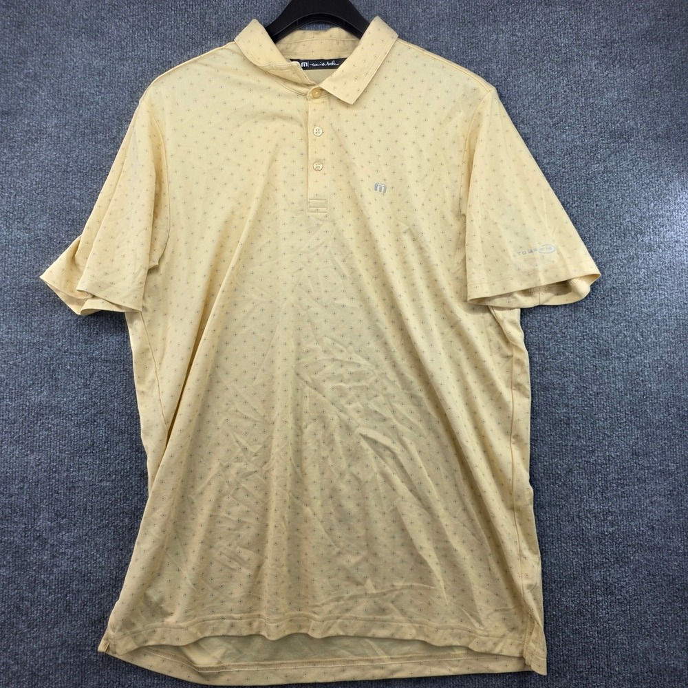 TravisMathew Tour 18 Polo Shirt Mens XL Yellow Geometric Pima Cotton Blend Golf